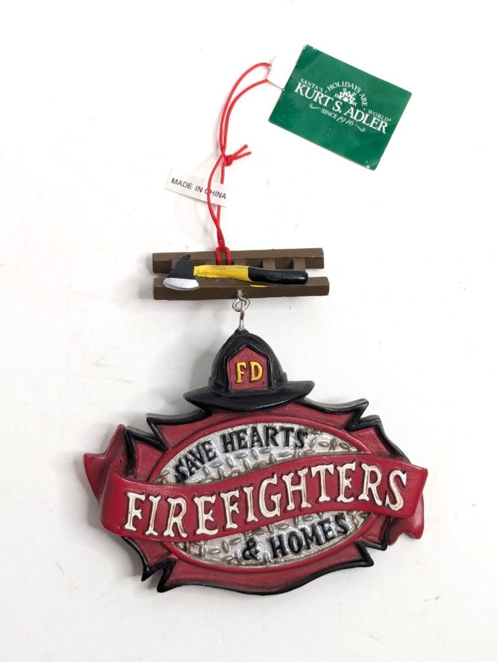 Kurt Adler Firefighter Christmas Ornament NWT Ladder Axe Save Hearts Homes